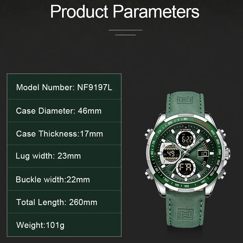 NAVIFORCE men's military-style chronograph watch with green strap and green dial
