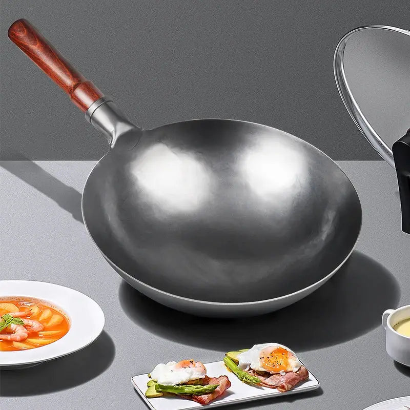 Hand Hammered Iron Wok With Wooden Handle No Coating Traditional Iron Pan For High Heat Stir Fry Kitchen Cookware
