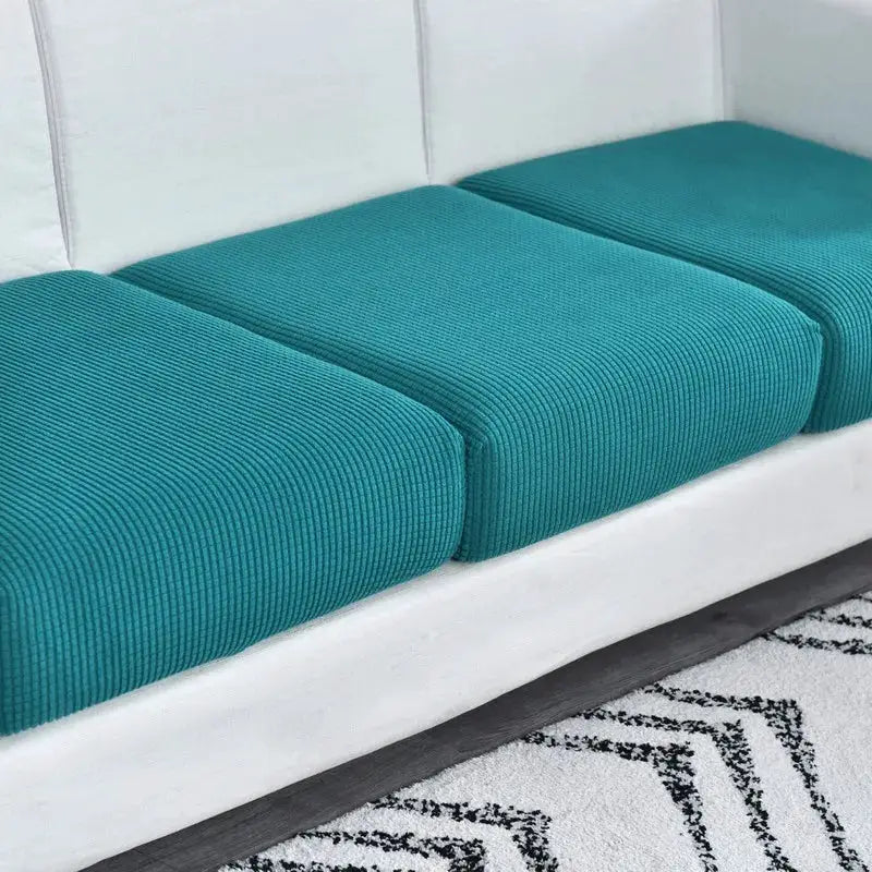 Sofa seat cushion covers in teal ribbed-knit fabric, stretchable and removable slipcovers; set of 3
