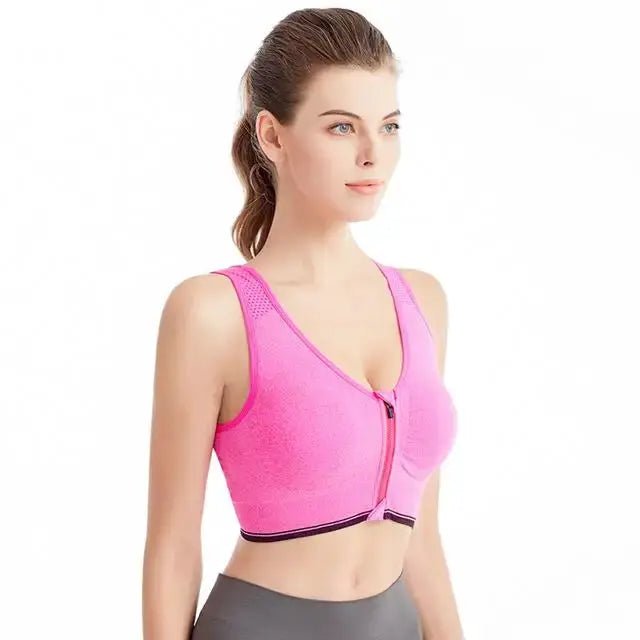 Women's pink front-zip sports bra by Simples Market; seamless, breathable, no underwire.