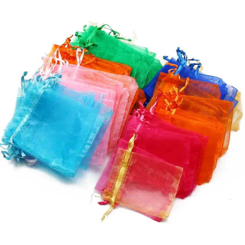 50 Pieces Drawstring Organza Gift Bags For Jewelry Packaging Wedding Party Four Sizes 7x9 Cm 9x12 Cm 10x15 Cm 13x18 Cm