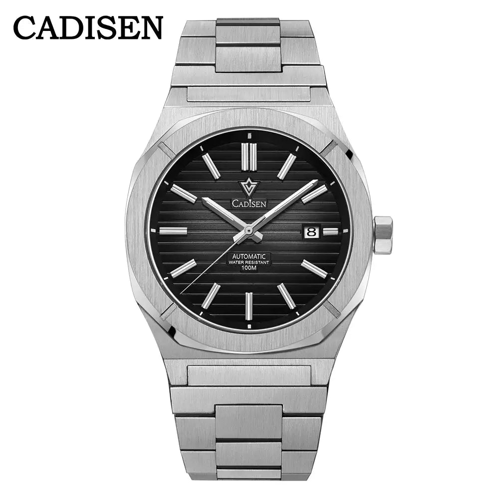 CADISEN stainless steel diver watch with black striped dial, date window, automatic movement and 100m water resistance