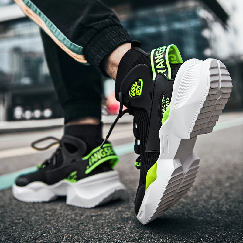 Simples Market men's sneakers running shoes, black with neon green accents and chunky white soles, pair