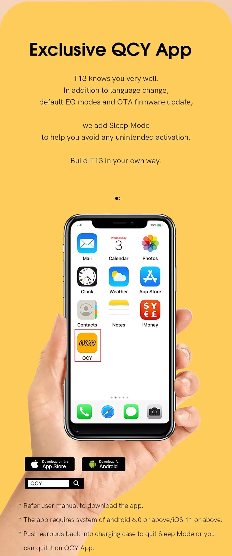 QCY T13 wireless earbuds promo on yellow background with a smartphone displaying the QCY app icon