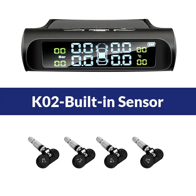 TPMS car tire pressure monitoring system with four valve sensors and a black digital display unit