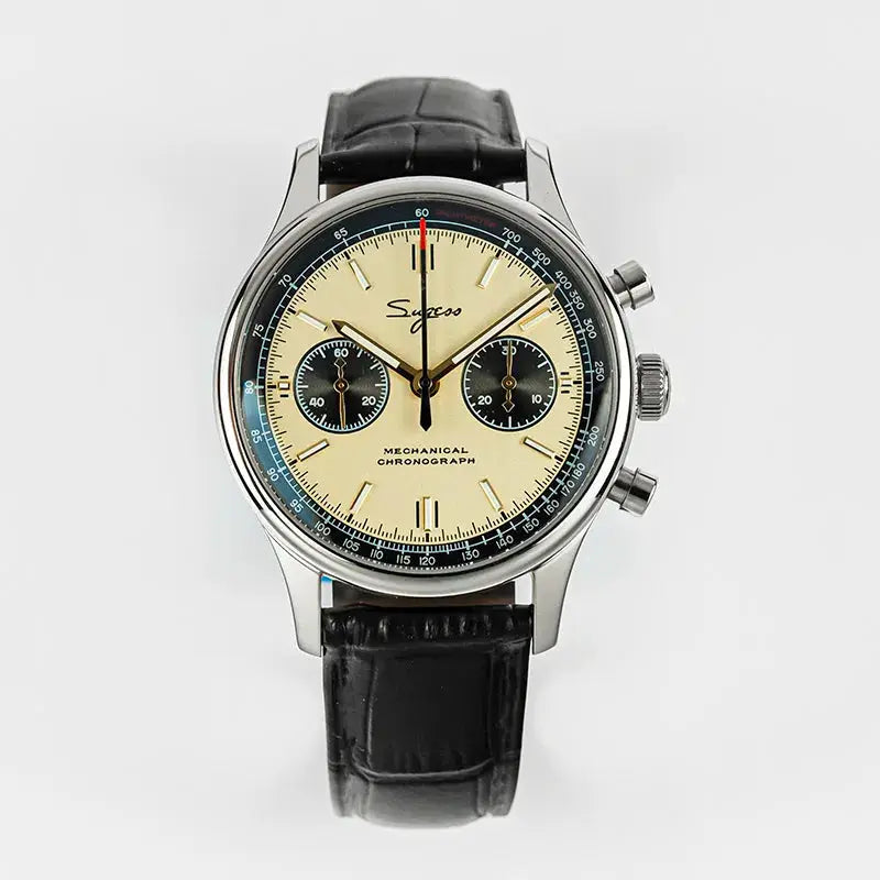 Simples Market limited edition pilot mechanical chronograph watch with cream panda dial and black leather strap