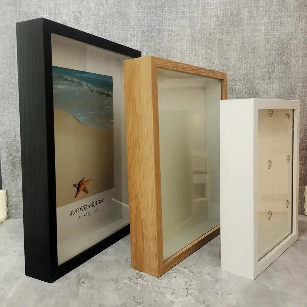 Shadow box photo frames, 3cm depth, black, natural wood and white finishes; set of three.