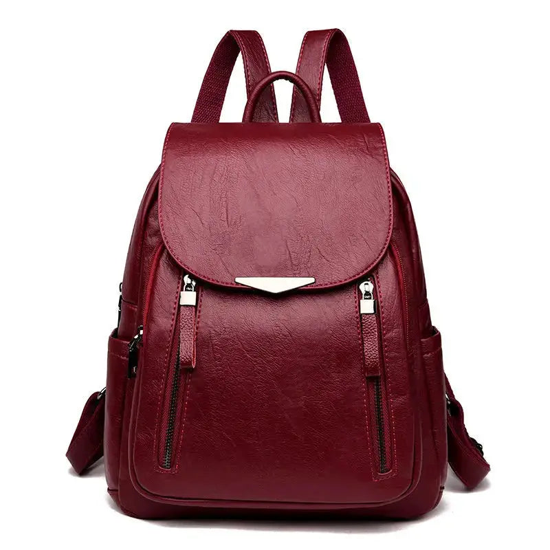Yogodlns luxury PU leather backpack for women, burgundy travel school bag with double zippers