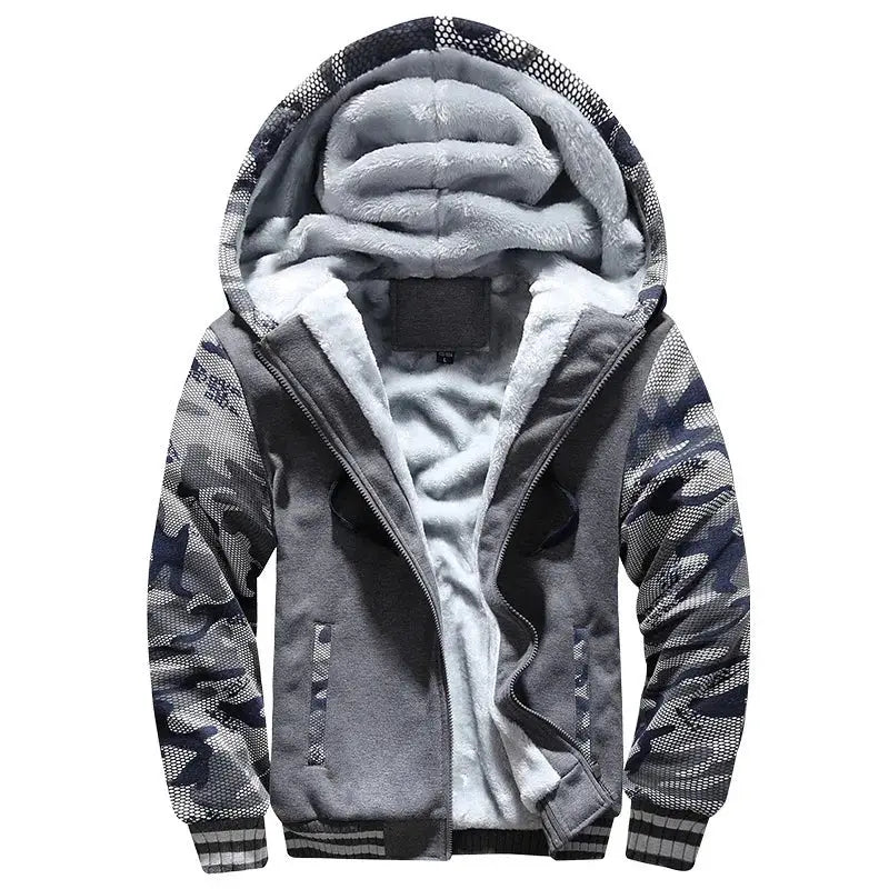 Men's camouflage fleece-lined winter jacket with hood, grey body and camo sleeves by Simples Market