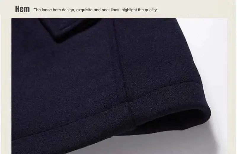 Winter men's navy wool coat with thick cotton padding and cuff detail