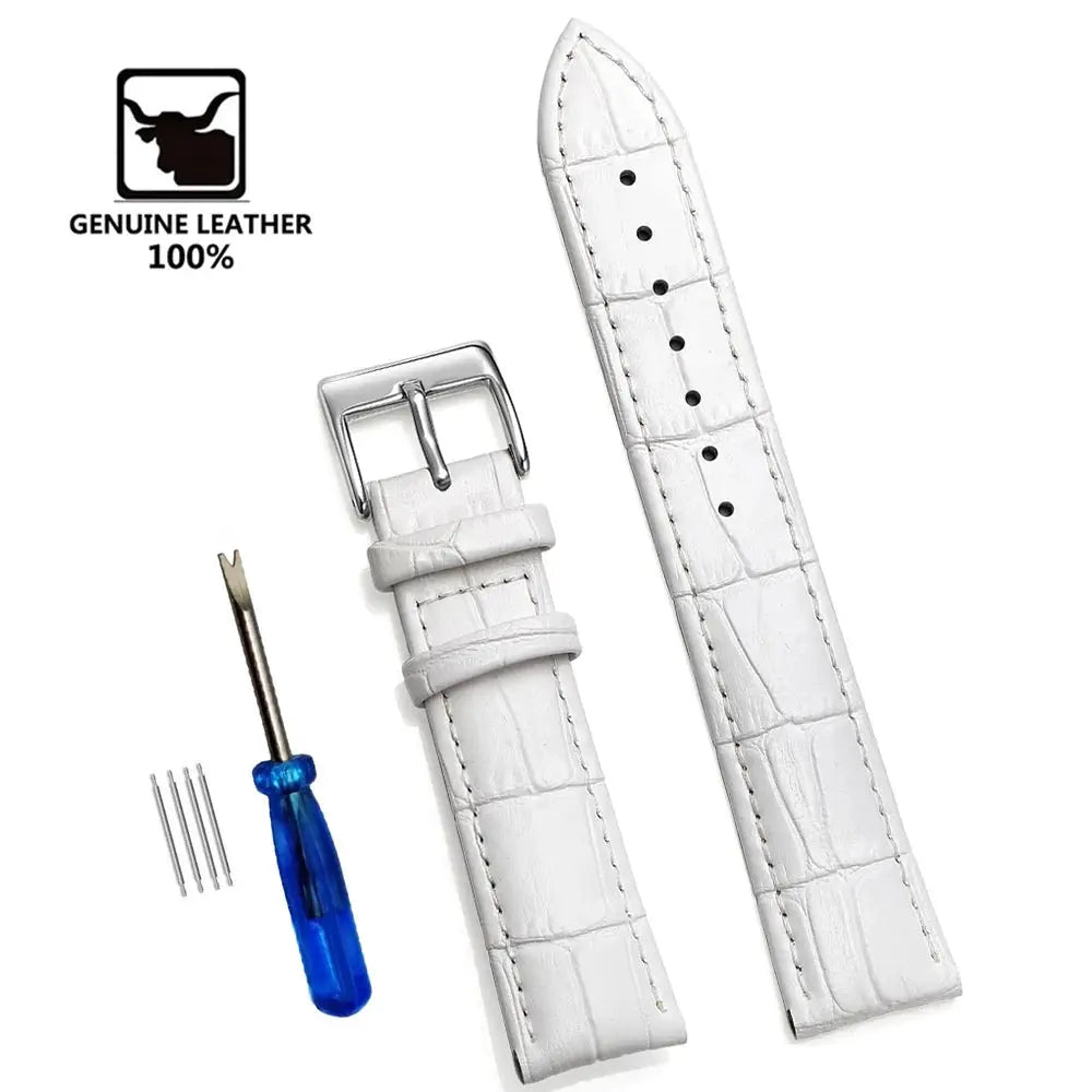Simples Market white genuine leather watch band kit with buckle, screwdriver tool and spare pins (12-24 mm)