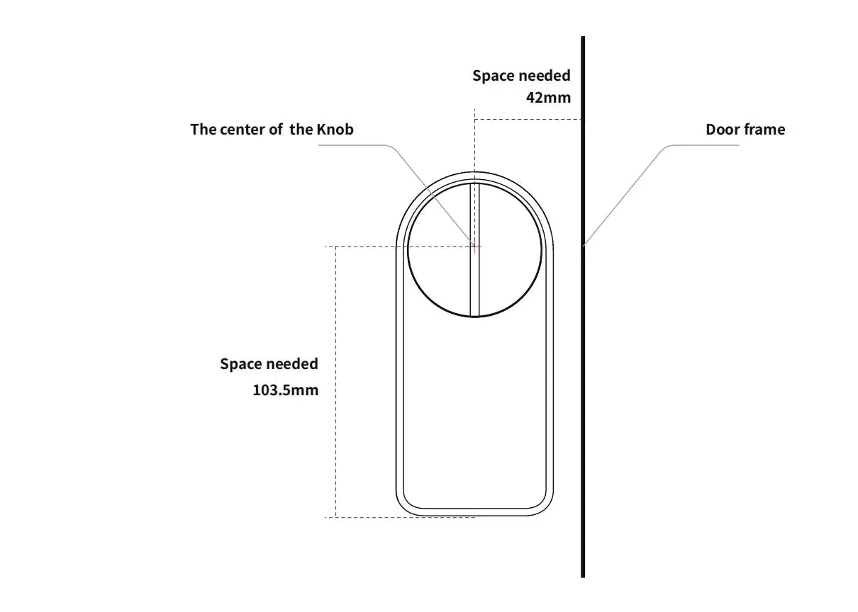 A1 Pro Bluetooth smart door lock installation diagram showing 103.5mm vertical space and 42mm knob clearance.