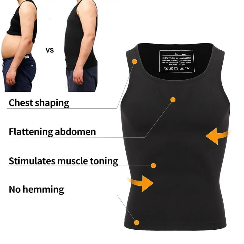 Men's black compression tank top body shaper for chest shaping and flattening abdomen