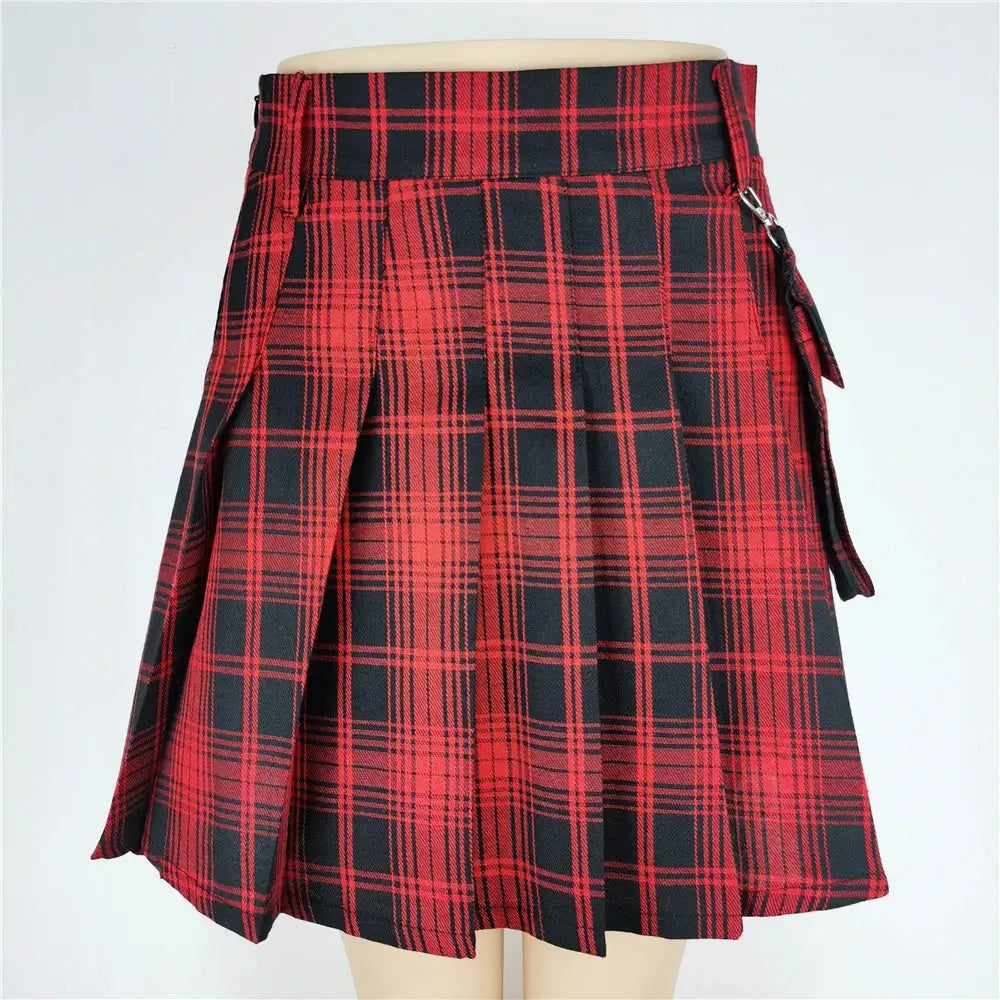 Skirt red and black plaid, high-waist mini with wrap belt and pleats