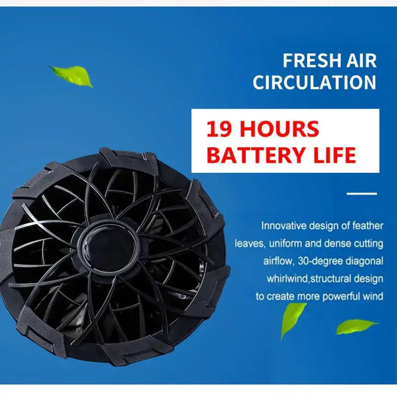 Portable cooling fan, black circular rotor with multiple blades on blue background showing 19 hours battery life