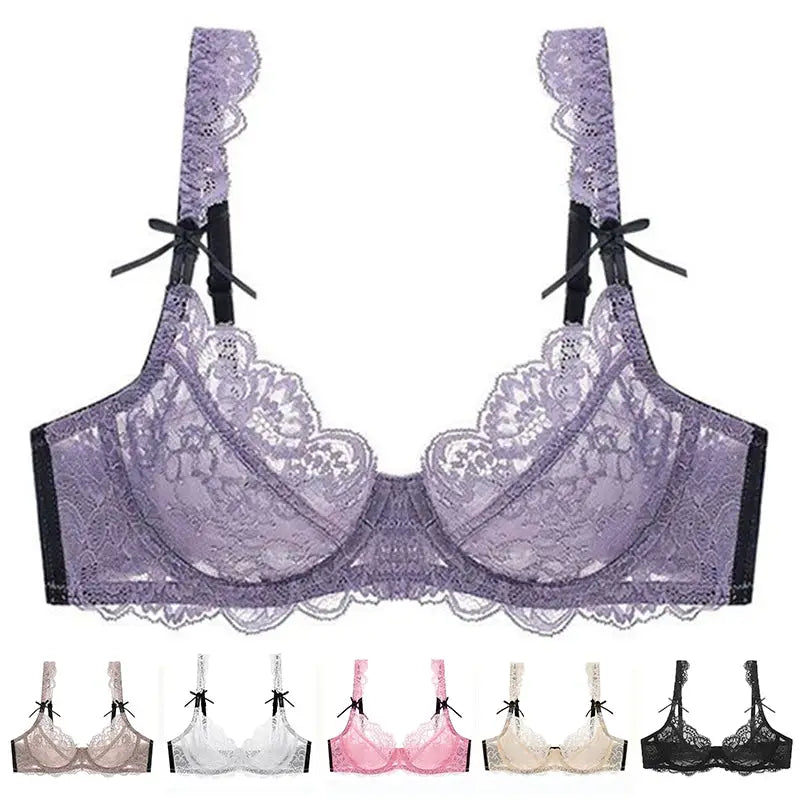 Lace push-up bra by Simples Market in purple with floral mesh and black bow accents; available in color options.
