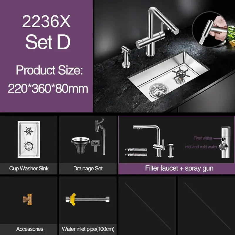 Cup Washer Sink set, 304 stainless steel, 4mm brushed finish, handmade for milk tea cafes, Simples Market