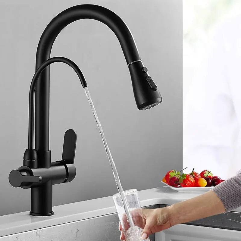 Matte black dual-handle kitchen faucet with pull-out spray head.