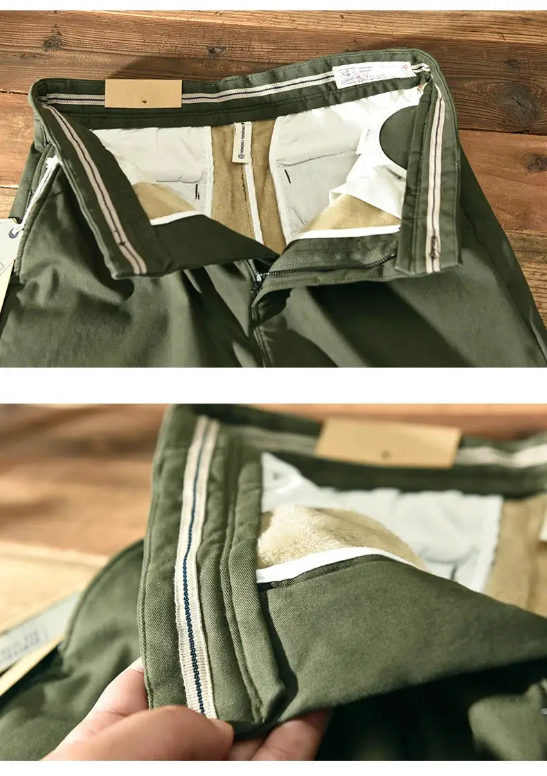 HIQOR 2025 men's winter pants in khaki army green cotton with fleece lining and zip fly
