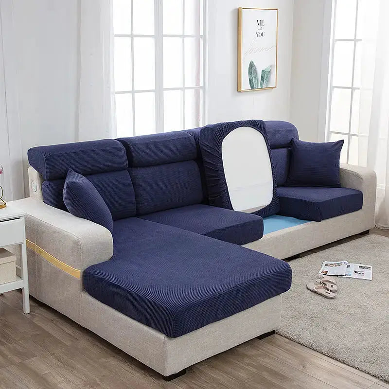 Sofa seat cover set in navy blue for sectional couch, elastic thickened dustproof fabric, Simples Market