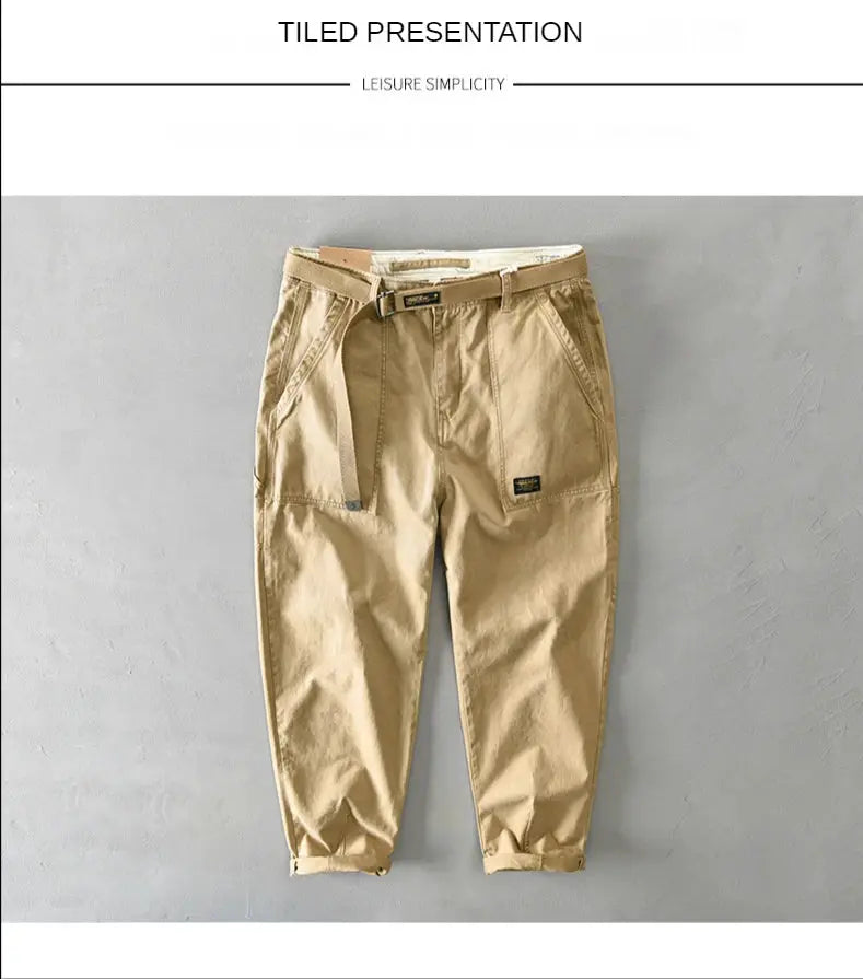 Men's pure cotton cargo pants in khaki with belt, mid-waist, loose fit, rolled cuffs.