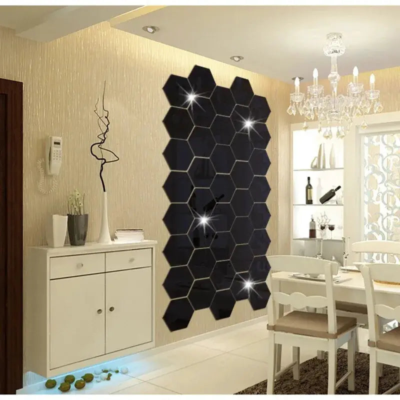 3D hexagon mirror wall sticker set by Simples Market, 6/12pcs, black self-adhesive decor, 126mm