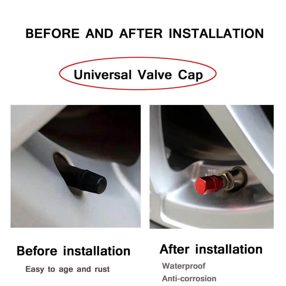 Simples Market AUTCOAT aluminum alloy tire valve caps; black before, red after on car wheel valves (two caps shown).
