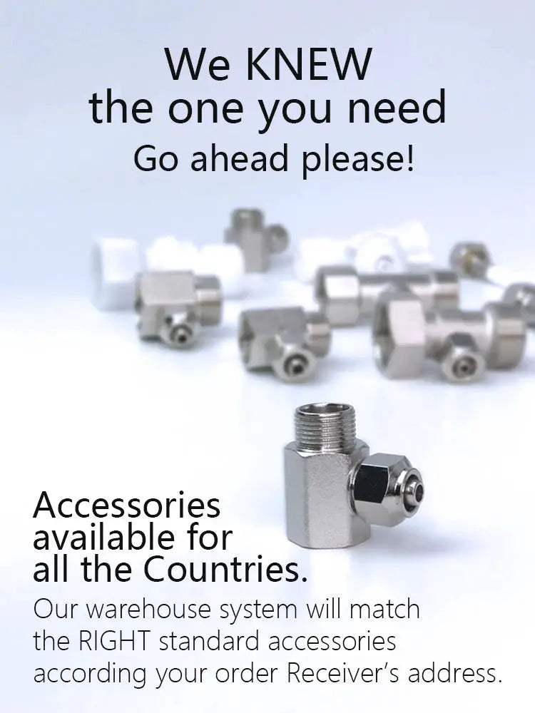 Chrome bidet attachment fittings set with a foreground T-adapter valve, scattered on a white surface