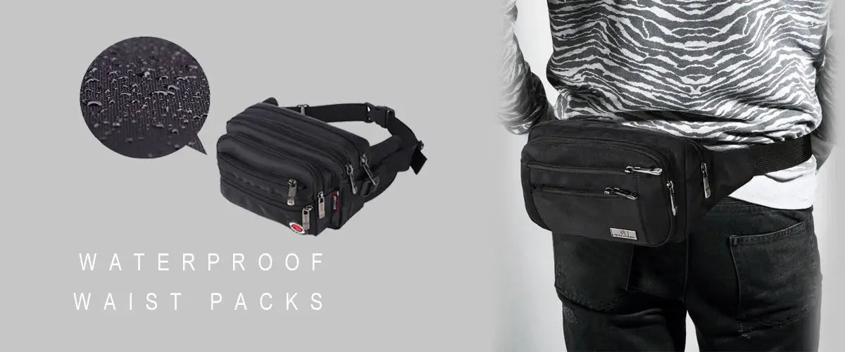 Simples Market black waterproof waist pack; unisex fanny pack with multiple zip pockets and adjustable belt.