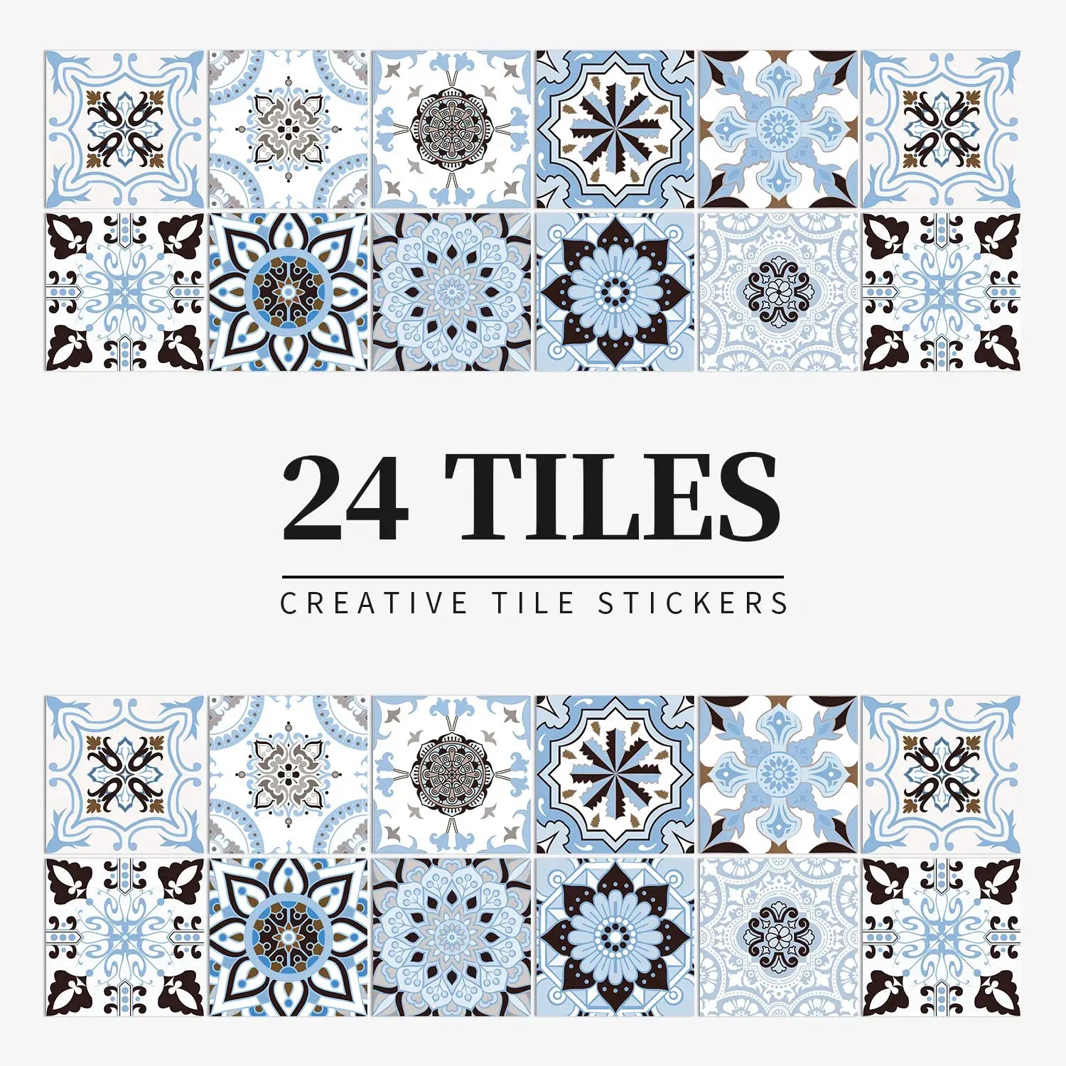 Simples Market 24 tiles wall sticker set; light blue and white, waterproof self-adhesive decorative tile decals.