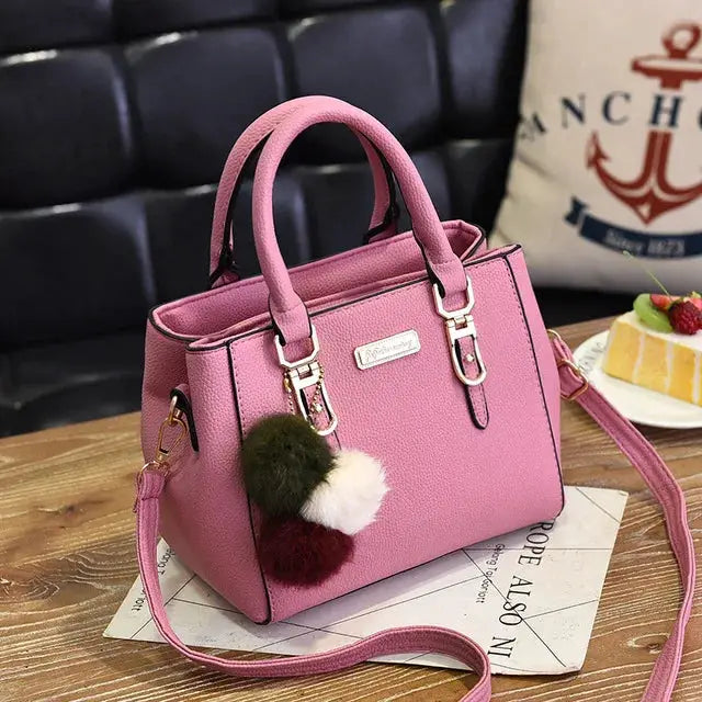 Yogodlns Beading Pendant Handbag Soft PU Leather Embossed Detailing Hairball Pendants Casual Tote With Compartments