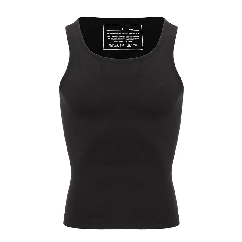 Men's black sleeveless compression tank top for torso shaping