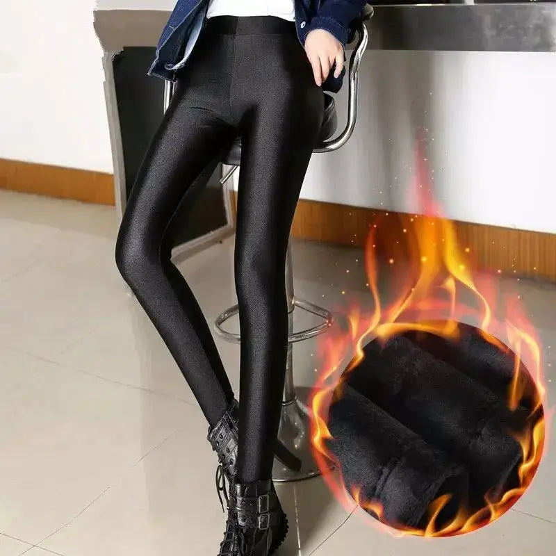 Autumn Winter thick black shiny high-waist fleece-lined leggings, slim solid pants for women, by Simples Market