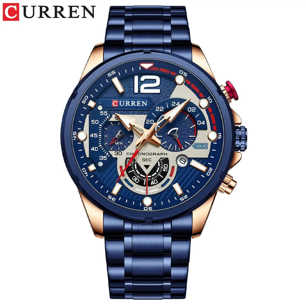 CURREN men's blue stainless steel chronograph wristwatch with rose-gold case and blue dial