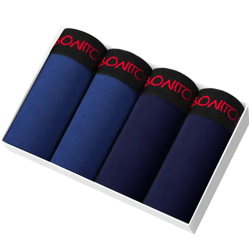 4pc men's cotton boxer shorts set in blue tones with black waistband BONITO, boxed by Simples Market