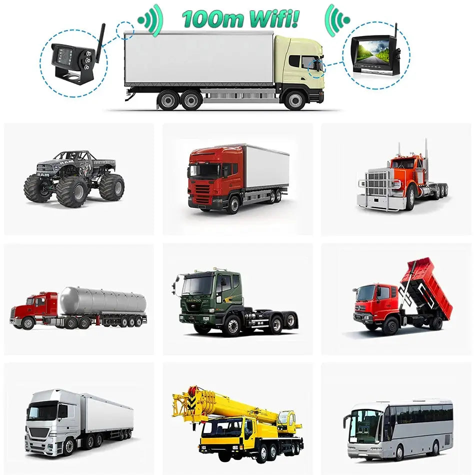 GreenYi 7in wireless truck DVR monitor with night-vision camera and WiFi, shown with multiple trucks