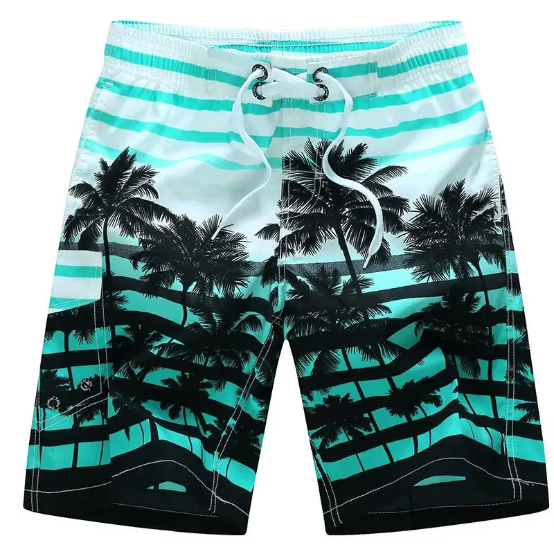 Men's surf board shorts with turquoise-teal gradient palm tree print, plus sizes 4XL–6XL
