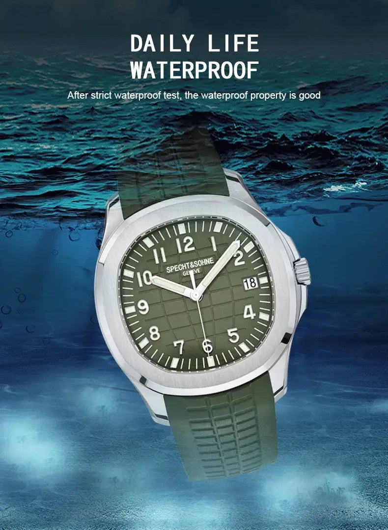 Specht&Sohne automatic sports watch, green dial with luminous hands, date, green silicone strap, 50m water resistant.
