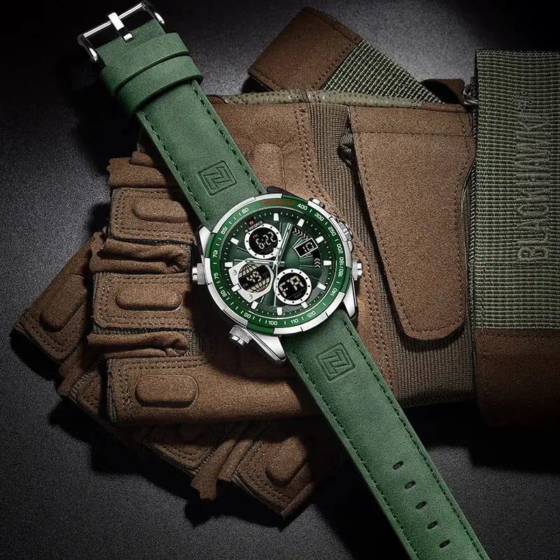 Naviforce men's military chronograph watch with green strap and green bezel, stainless steel case
