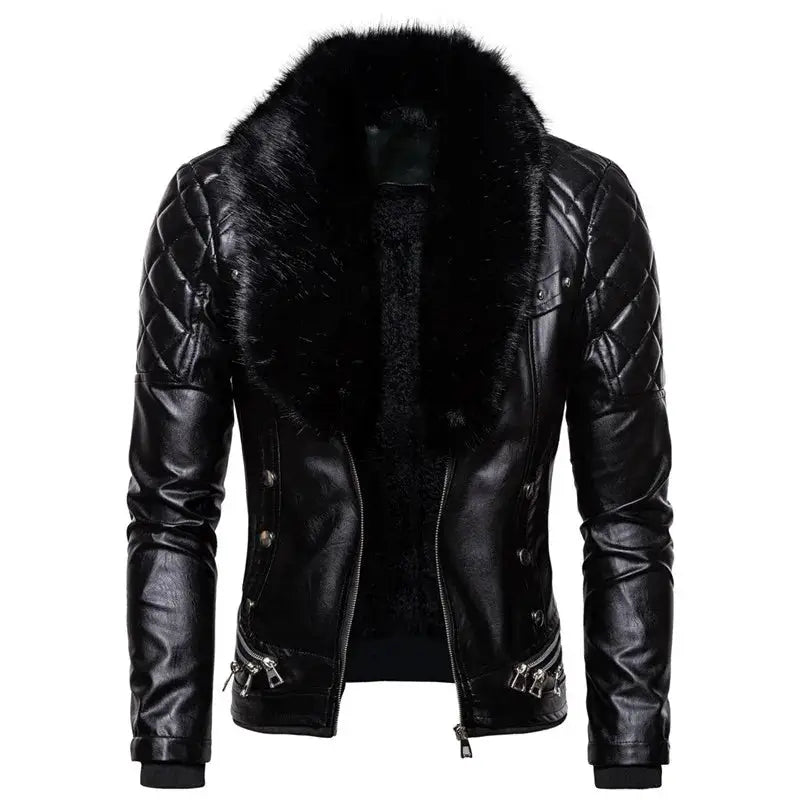 Black leather biker jacket with plush fur collar, quilted shoulders and metal zippers