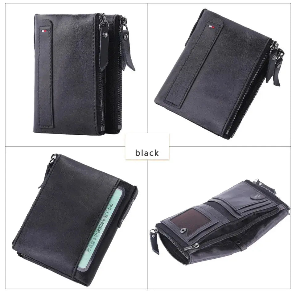 Men's black genuine cow leather wallet by Simples Market with zip compartments