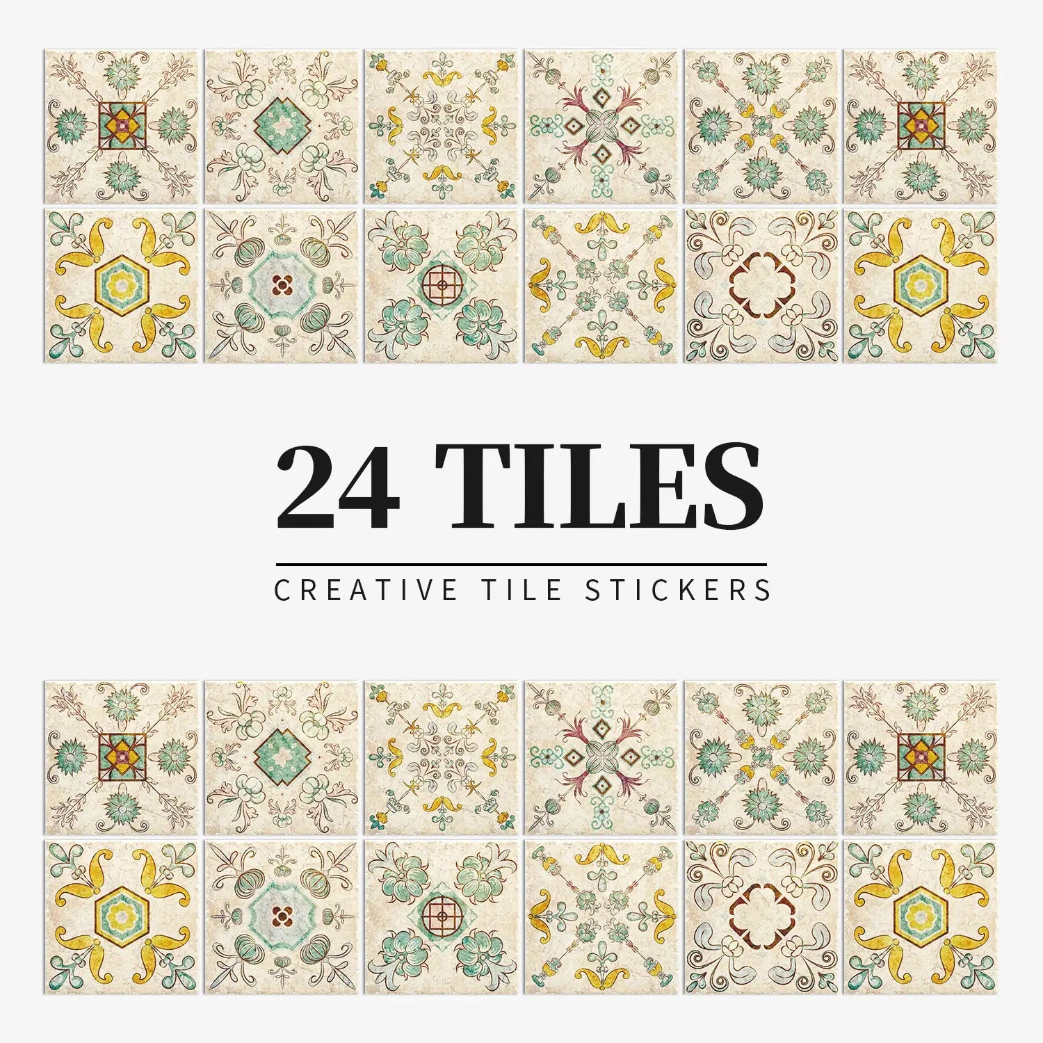 24-piece light-color tile stickers by Simples Market for kitchen and bathroom walls; waterproof, self-adhesive decals