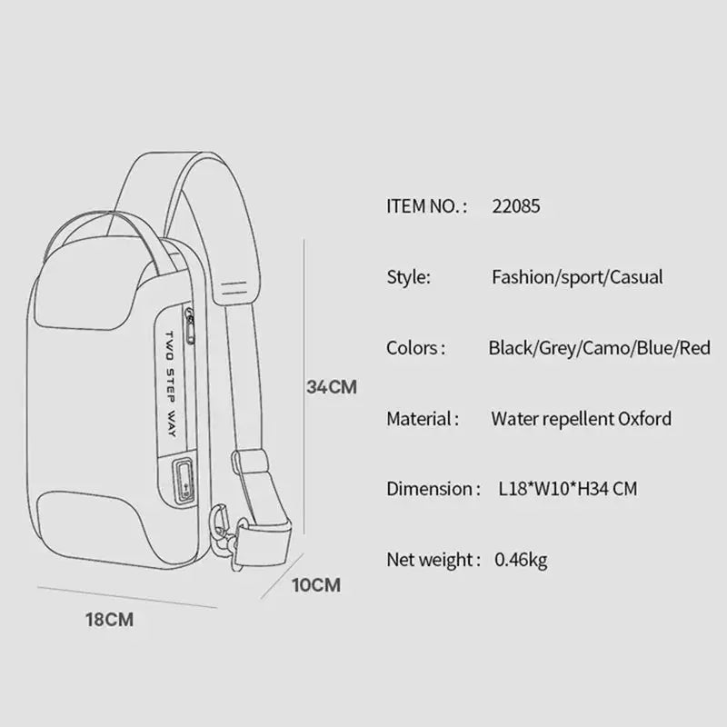 Men's chest bag crossbody with water-repellent Oxford fabric and USB charging pocket, 18x10x34 cm.