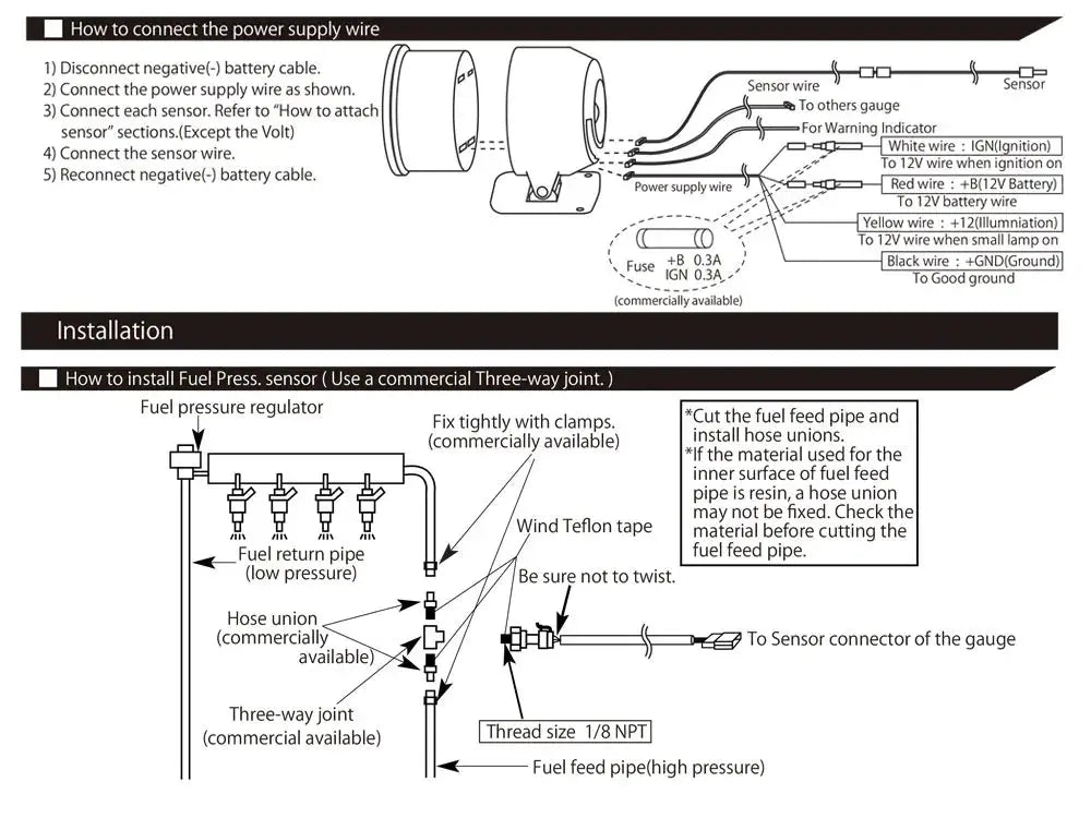 52mm universal auto gauge wiring diagram with power and sensor connections for oil pressure, water temp, and EGT