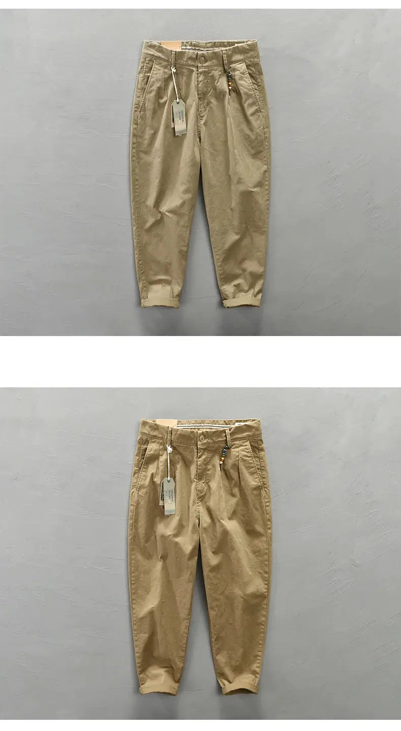 HIQOR khaki cotton cargo pants for men with drawstring waist, front and back views