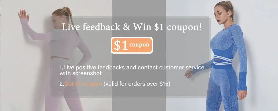 Women athletic gym outfits on two models in lavender and blue beside a coupon banner