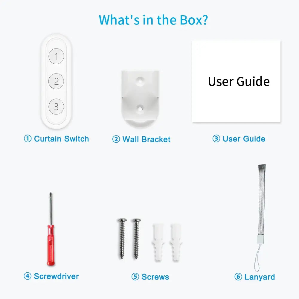 LoraTap ZigBee 3.0 6-button wireless remote with wall bracket, screws, anchors, screwdriver, lanyard and user guide