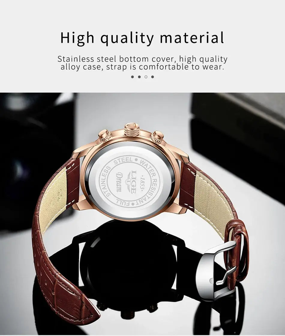 LIGE men's watch with brown leather strap and rose-gold stainless steel case