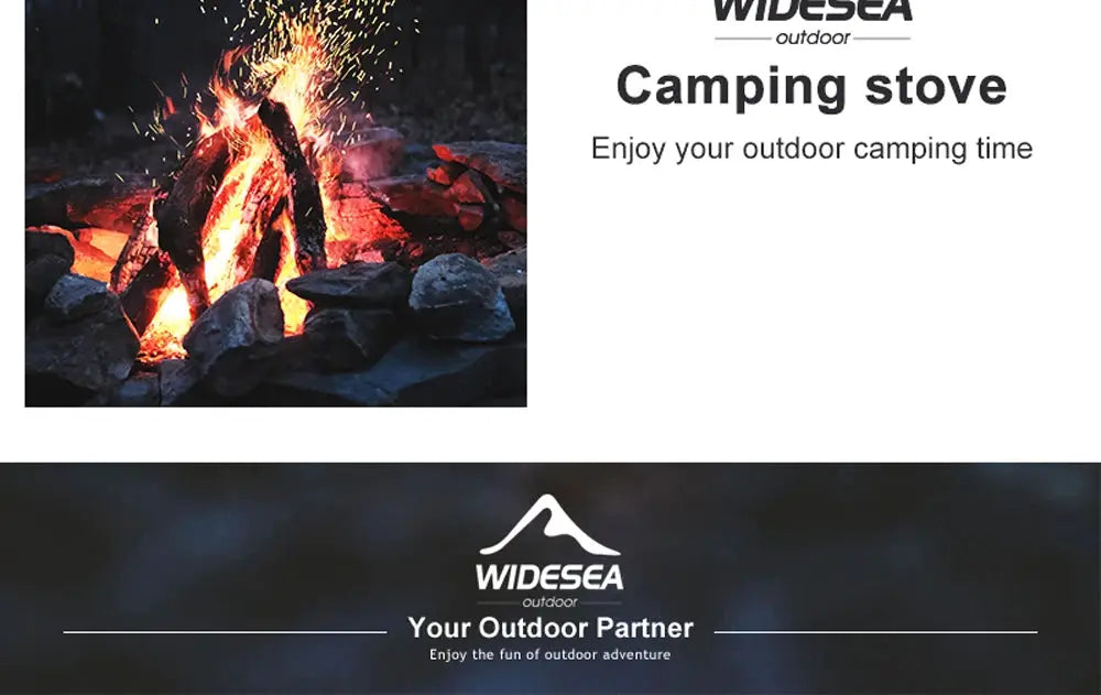 Widesea camping stove banner with outdoor campfire and brand logo