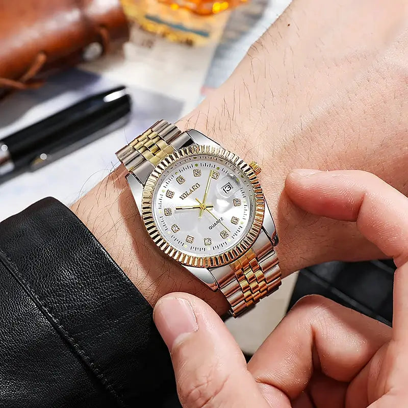 Luxury Mens Full Steel Quartz Wristwatch With Date Golden Finish Timeless Brand Timepiece